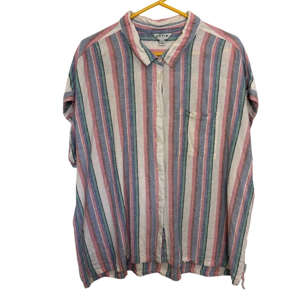 Orvis Linen Blend Striped Button Up Short Sleeve Top XXL Coastal Outdoors Beachy